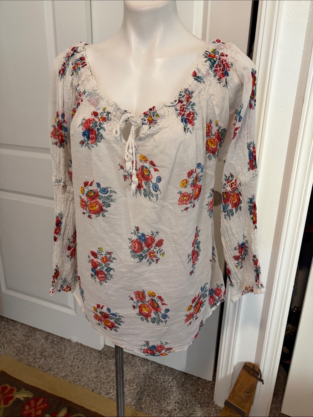 Bohemian Floral Peasant Tunic - Cream with Red & Blue Flowers